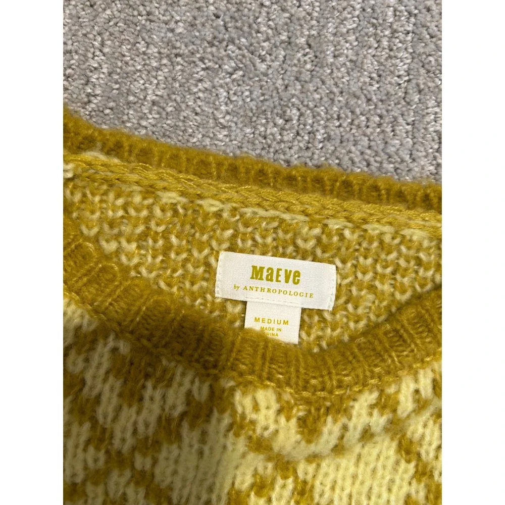 Maeve Anthropologie Yellow Argyle Wool Blend Knit Sweater Crew Neck Medium - Picture 2 of 6